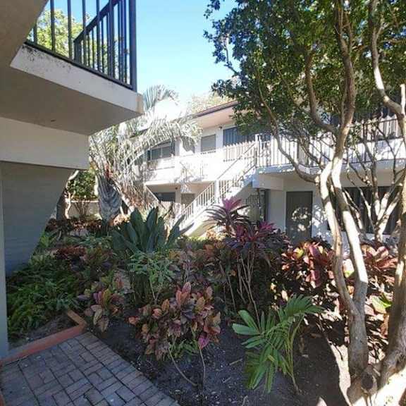 A balcony overlooks a courtyard with a tree and plants.