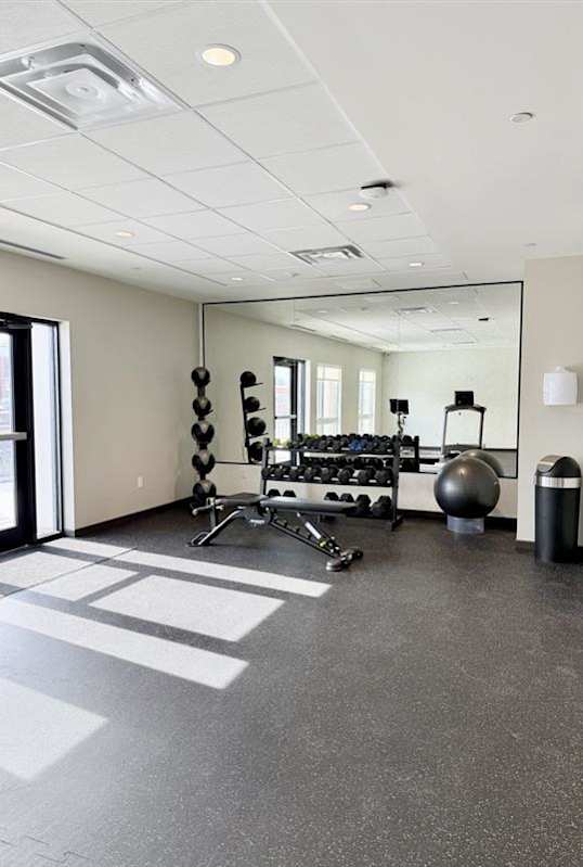 A gym with a mirror, weights, and exercise balls.