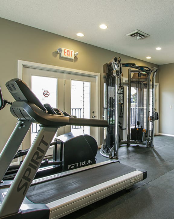 a treadmill and other exercise equipment in the fitness room