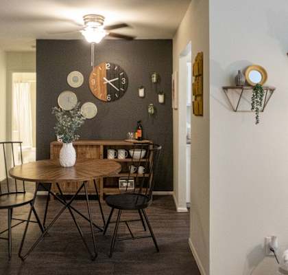 This is a picture of the dining area in a 576 sq foot 1 bedroom, 1 bath apartment at Red Bank Reserve in the Madisonville neighborhood of Cincinnati, Ohio.