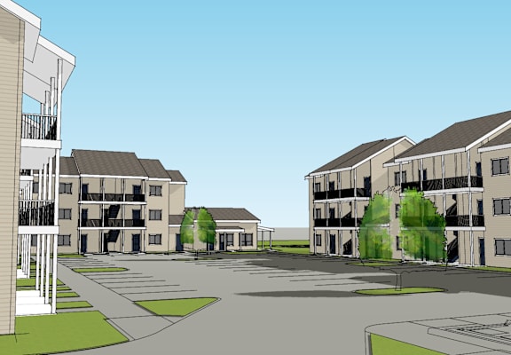 A drawing of apartment buildings with a courtyard in the middle.