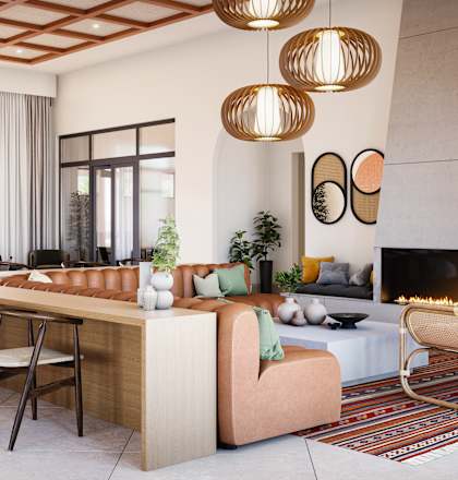 a rendering of a hotel lobby with a fireplace and a bar