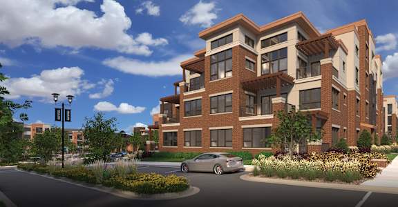 a rendering of an apartment building with a car parked in front of it