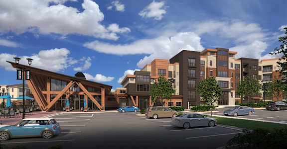 a rendering of a building with cars in a parking lot