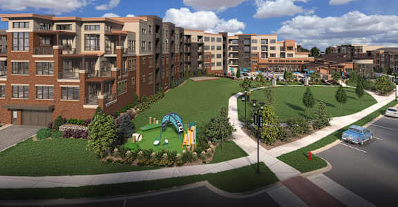 a rendering of a park with a playground in front of an apartment building