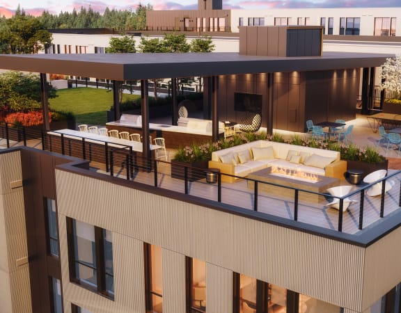 a rendering of an apartment building with a patio and terrace