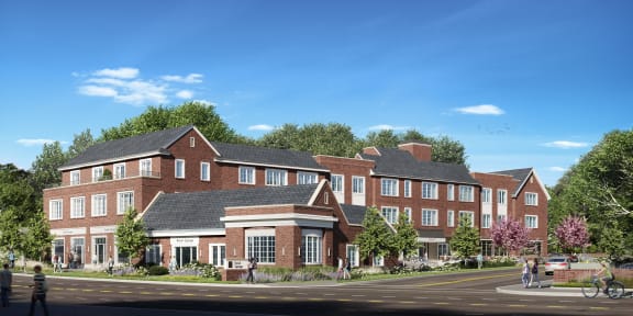 a rendering of a large brick building on a city street