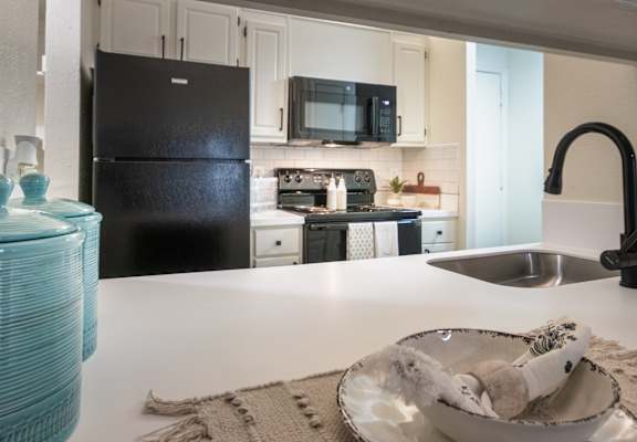 Breakfast bar and kitchen view in a 1-bedroom apartment at Cambridge Court Apartments in Dallas, Texas, showing counter seating, sink, black appliances, and open connection to the living area. Title: Cambridge Court Breakfast Bar and Kitchen