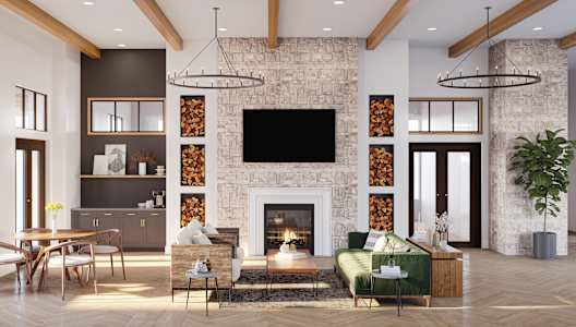 a rendering of a living room with a fireplace and a tv above it