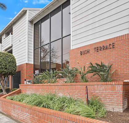 Bush Terrace is a residential building with a brick wall and green plants.