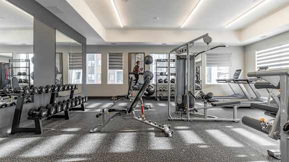 A gym with a variety of equipment including weights and cardio machines.at Vibe Apartments at Arbour Lake, Calgary, AB T3G 4J2