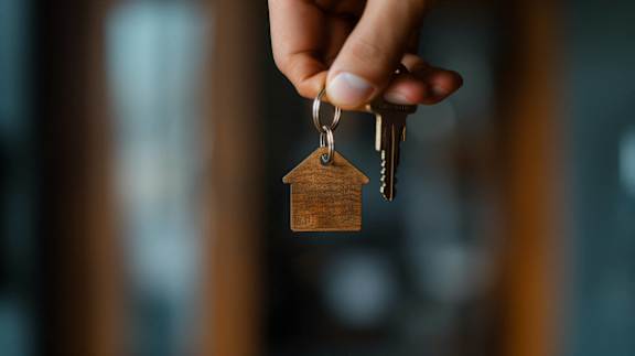 A hand holding a keychain with a key.