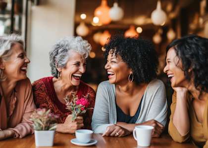 Four women are laughing and enjoying each other's company at a table.