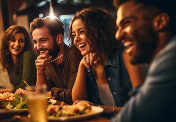 A group of people are enjoying a meal together at a restaurant.