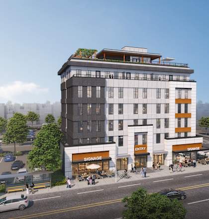 A rendering of a modern multi-story building with a ground floor commercial space and a green roof.