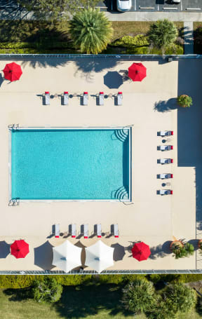 arial view of a swimming pool with umbrellas and chairs around it