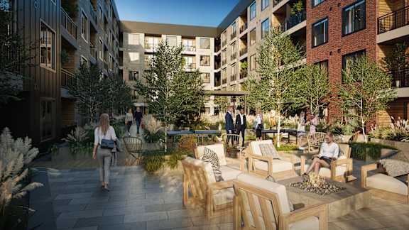 a rendering of a courtyard with benches and trees
