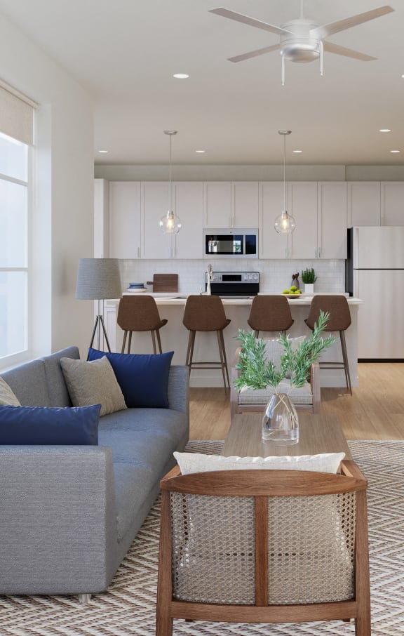 a living room with a couch and a table
