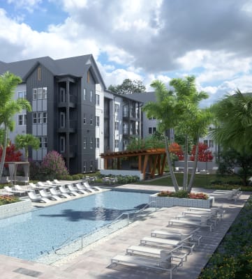 a rendering of an apartment complex with a pool and chaise lounge chairs