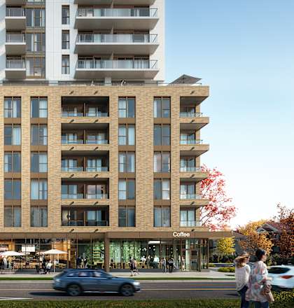 a rendering of a building on a city street