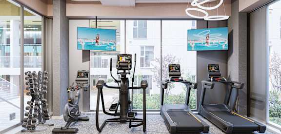 a gym with treadmills and other exercise equipment in a large window