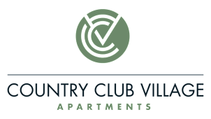 A black and white logo for Country Club Village Apartments.