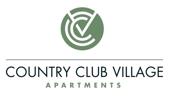 A logo with a checkmark in a circle is above the words "Country Club Village Apartments".