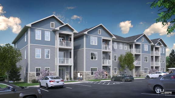 a rendering of an apartment building with cars in a parking lot at Preserve at Sycamore Creek, Osage Beach, MO 65065