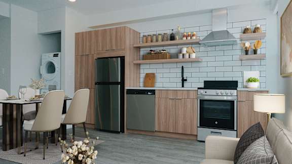 A modern kitchen with a dining table set up.