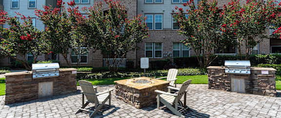 Outdoor Entertainment Area with Fire Pit and Dining Tables