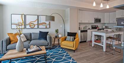 a living room and kitchen in an apartment
