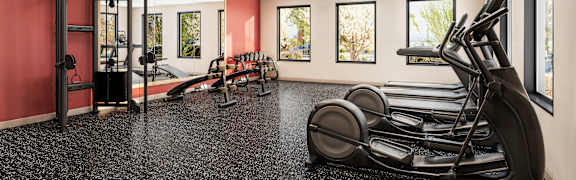 Fitness center with cardio equipment and strength machines at Turquoise Trail Apartments, Santa Fe, NM