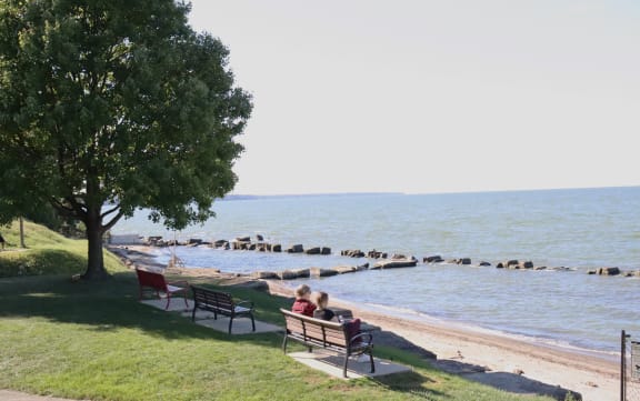 a group of people sitting on benches near the water
