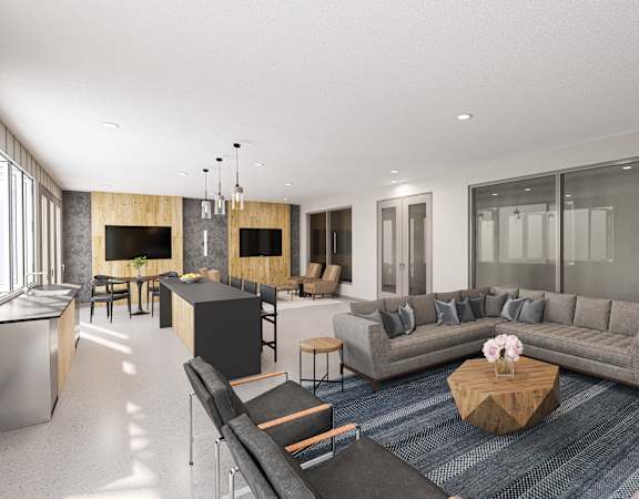 a rendering of a living room with couches and a table