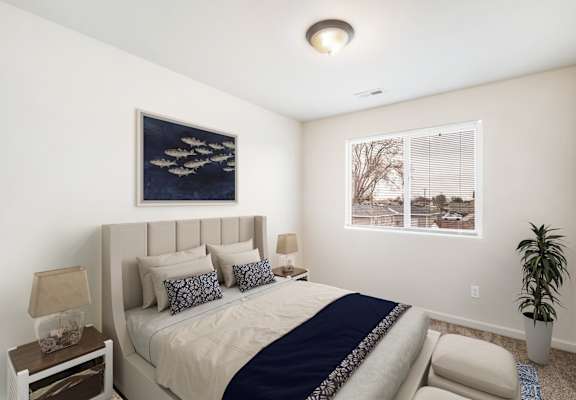 a white bedroom with a bed and a window at Pine Tree Park, Kennewick