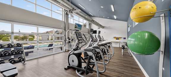 A gym with treadmills and elliptical machines.
