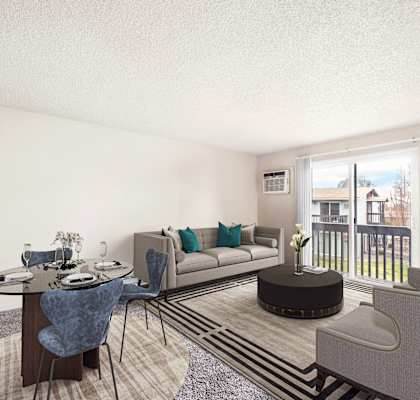 staged apartment in Kennewick at Wildflower Apartments, living room with balcony