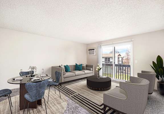 staged apartment in Kennewick at Wildflower Apartments, living room with balcony
