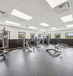 A spacious gym with a variety of equipment.