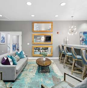 A living room with a grey couch, a coffee table, and a blue rug.
