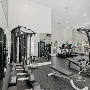A spacious home gym with a variety of exercise equipment.