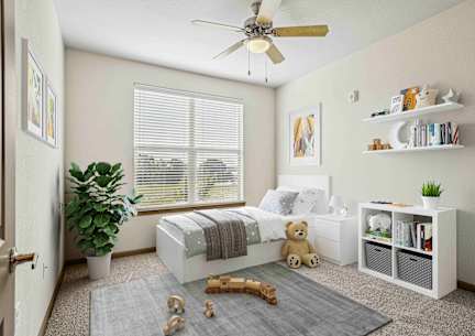 a bedroom with a large bed and a ceiling fan