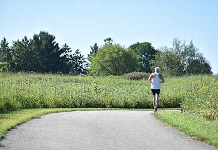 A person is running on a paved path in a field.