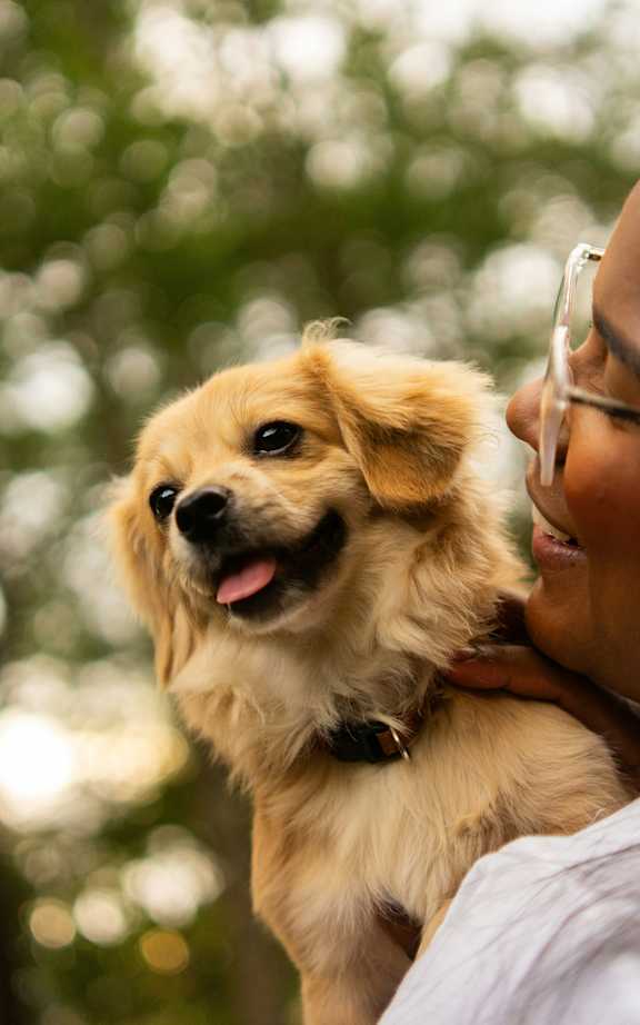 A woman holding a small dog in her arms.