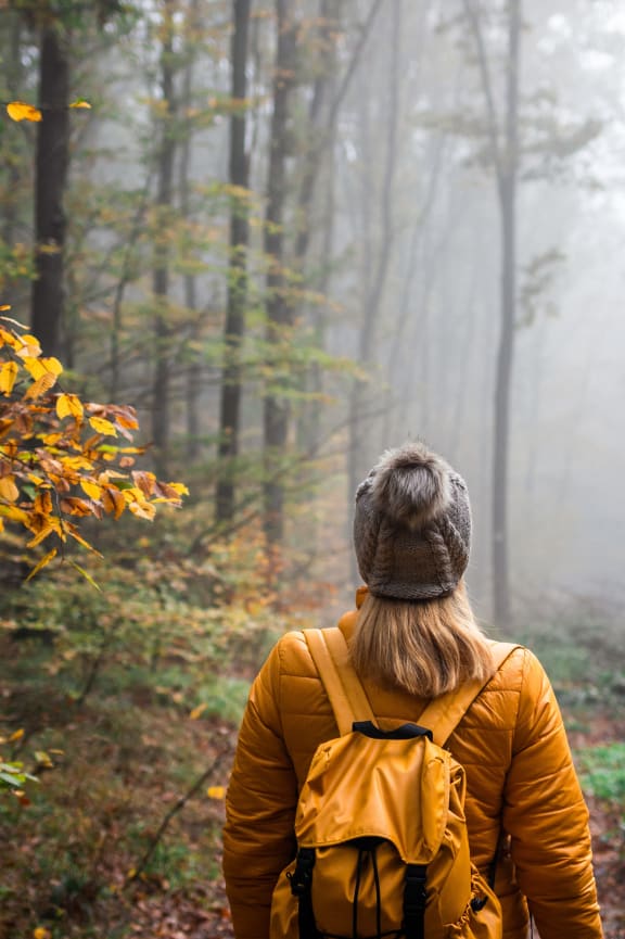 a woman with a backpack walking in a foggy forest