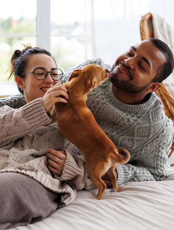 A man and woman are sitting on a bed with a dog.