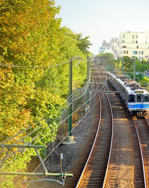A train is on the tracks surrounded by trees.