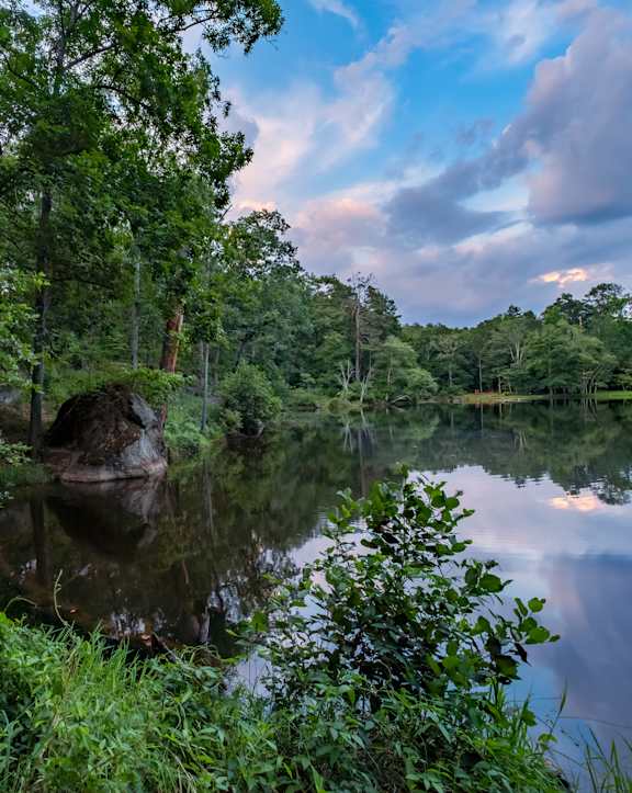 A serene lake surrounded by lush greenery and trees under a cloudy sky.