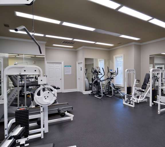 A gym with a variety of equipment including a weight bench, a rowing machine, and a treadmill at Austin Chase Apartments, Macon, 31210