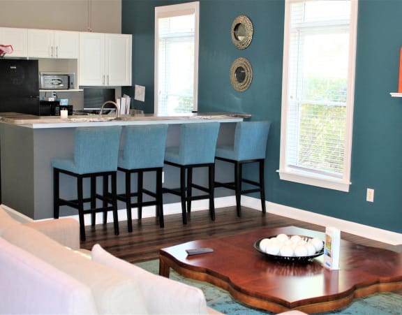 a living room with a bar and a kitchen at Hidden Creek, Morrow, Georgia